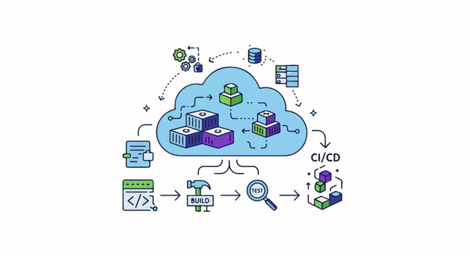 Digital workflow illustrating cloud-based code development, build, test, and deployment processes