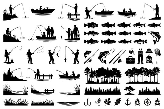 Silhouette fishing collection: diverse activities and tools.