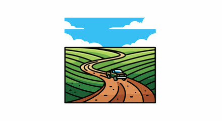 Obraz premium A car drives down a winding dirt road through rolling green hills under a cloudy blue sky