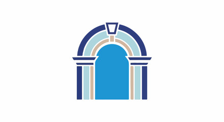 Fototapeta premium Stylized architectural archway with layered curves and columns in blue and tan