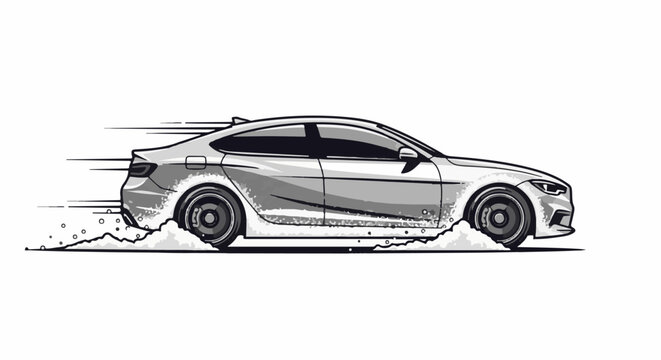 Sleek sports car speeds through snow, kicking up a dusty spray