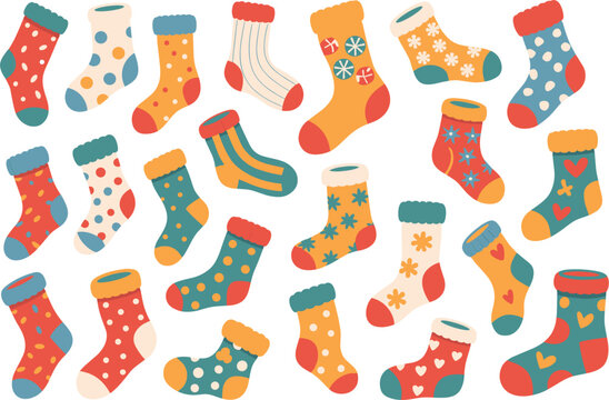 Colorful socks pattern vector illustration, cute winter clothing collection with festive designs for fashion textile and decoration
