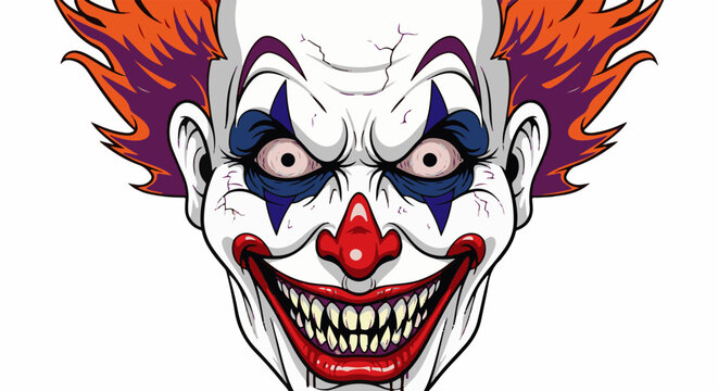 Terrifying clown face with cracked white skin, wild orange and purple hair, wide grin showing sharp teeth