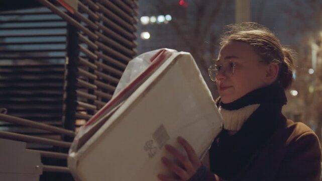 White woman with takeaway box night near metal fence and streetlight, bundled in brown coat and scarf, gloved hands handling cardboard container, keypad and locker scene, evening drizzle and cinematic