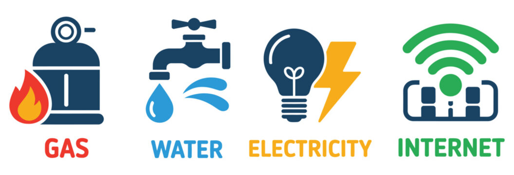 Utility service icon collection, gas pipeline, water supply, electricity power, and internet connectivity icons in simple flat vector style for public infrastructure and UI systems