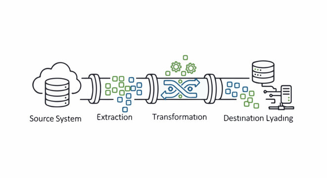 Diagram shows data flow from source to destination, illustrating extraction, transformation, and loading processes