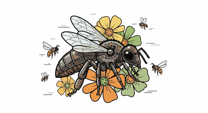A steampunk bee with intricate gears, wings, and metallic body, surrounded by small flying bees and colorful flowers