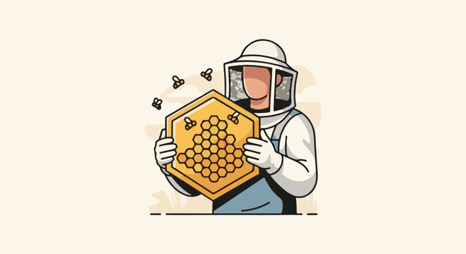 Beekeeper in protective suit holds honeycomb with buzzing bees around