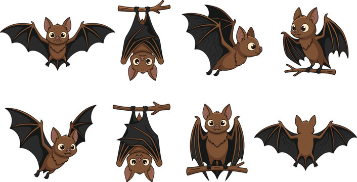 Cute bat cartoon character collection with flying hanging and sitting poses vector illustration isolated on white background