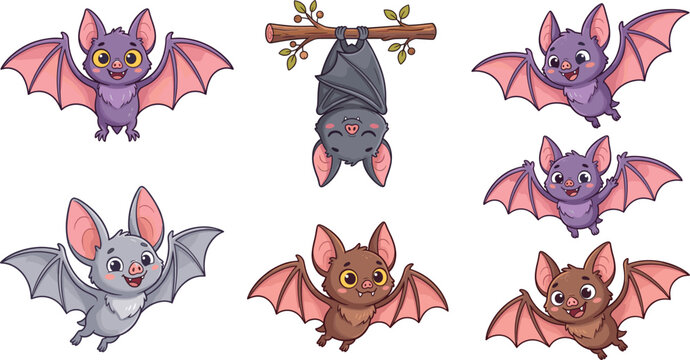 Cute bat cartoon character collection with flying poses and funny expressions vector illustration isolated on white background