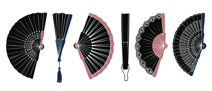 Folding hand fan set, vintage black lace accessories, traditional Japanese or Spanish style accessories isolated on white background for cultural design elements, elegant fashion props for performance