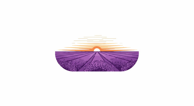 A stylized, pixelated sunset over a vibrant purple lavender field