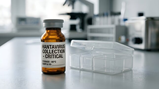 Medical laboratory setting with a specimen container labeled Hantavirus Collection Critical and scientific equipment in the blurred distance indicating research and analysis processes for