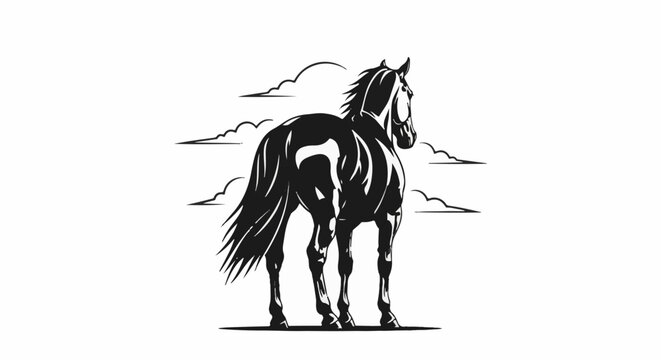 Black and white illustration of a horse standing under clouds