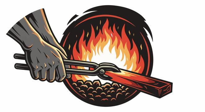 A gloved hand holds tongs gripping a glowing hot metal bar over coals, with flames behind