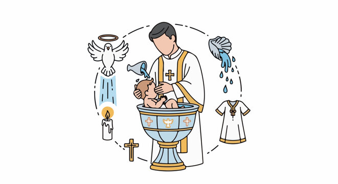 A priest baptizes a baby with a dove, candle, and robe