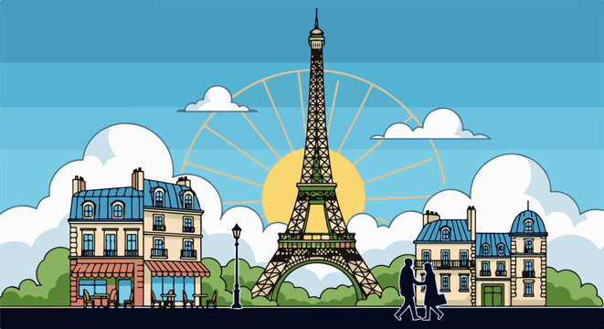 A charming pixel art depiction of Paris with the iconic tower under a bright, sunlit sky