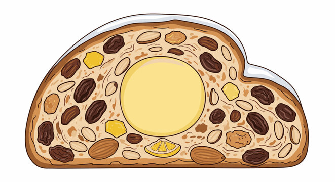 Detailed cross-section of a fruitcake with visible nuts, raisins, candied fruit, and a marzipan center