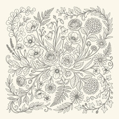 Intricate floral design with various flowers. © noxy