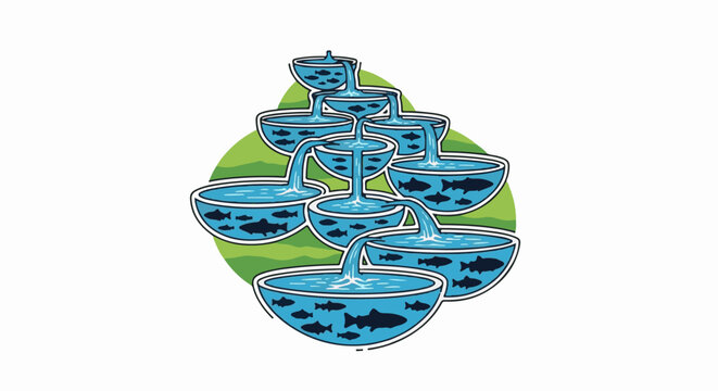 Cascading bowls filled with water and fish, against a green background