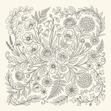 Intricate floral design with various flowers.