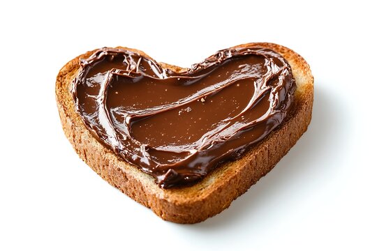 Heart shaped toast with chocolate spread on white background
