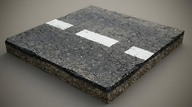 A square cross section of an asphalt road surface showing layers of gravel and aggregate with a white painted traffic line, isolated on a white background