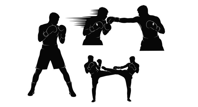 Black Silhouette Set of Professional Boxing and Kickboxing Fighters.