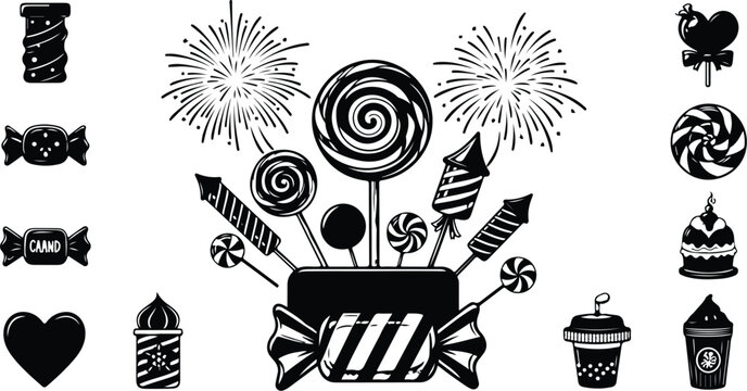 Black and white candy icons and illustrations set