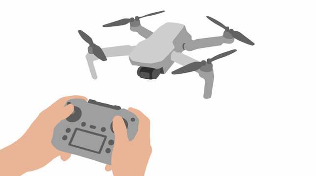 Flat lay of hands holding a drone remote controller with a drone flying above on a white background.