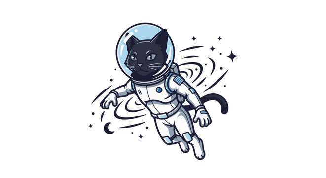 A black cat wearing a white astronaut suit and helmet floats through space with stars