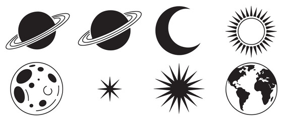 Space themed icons collection featuring planets moon stars and earth. © MdSamsul