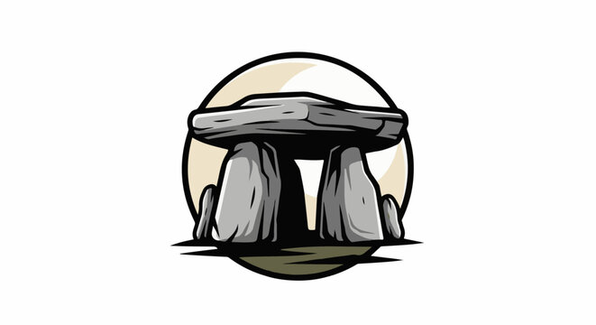 Stylized prehistoric stone structure with rough gray stones arranged in a circle