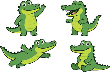 Naklejka premium Cute crocodile cartoon character collection with funny poses and happy expressions vector illustration isolated on white background