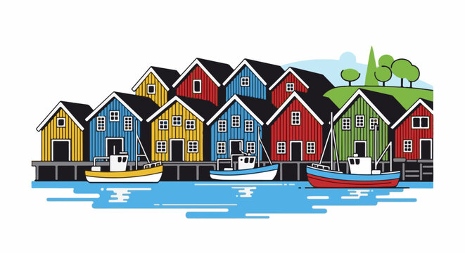 Colorful stilted houses line a serene blue water bay with docked boats and rolling green hills beyond