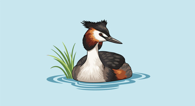 A grebe bird with distinctive ear tufts and a reddish-brown neck crest swims in calm water