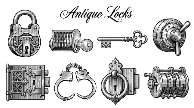 Antique Locks and Security Devices Collection, Vintage Hand Drawn Engraving Illustration of Padlocks, Skeleton Key, Handcuffs, and Safe Dials for Design