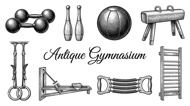 Antique Gymnasium Equipment Set. Vintage Retro Sport and Fitness Tools Collection including Dumbbells, Pommel Horse, Gymnastics Rings, and Rowing Machine. Hand Drawn Vector Illustration.