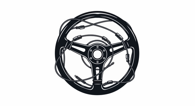 A graphic illustration of a steering wheel wrapped with black wires and connectors