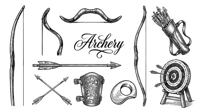 Vintage Archery Equipment Set with Bows, Arrows, Quiver, Target, and Bracer. Hand-Drawn Engraving Style Vector Illustration for Sports, Medieval, and History Themes.