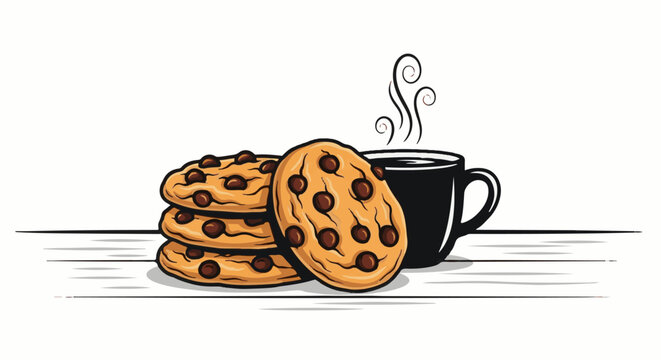 A stack of chocolate chip cookies next to a steaming mug of coffee on a wooden surface