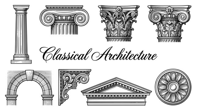 Set of Classical Architectural Elements, Ancient Greek and Roman Column Capitals, Arch, Pediment, and Decorative Ornaments in Engraving Style, Vector Illustration
