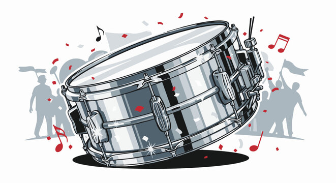 A striking snare drum takes center stage, amid confetti and cheering silhouettes
