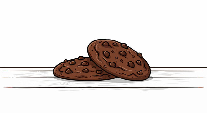 Two delicious chocolate chip cookies rest on a rustic wooden surface