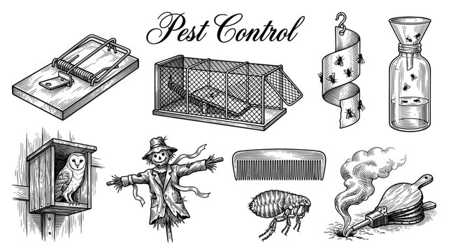 Set of vintage pest control illustrations in engraving style, featuring mouse trap, live cage, scarecrow, fly paper, flea, lice comb, owl, and fumigator bellows. Retro graphic vector elements.