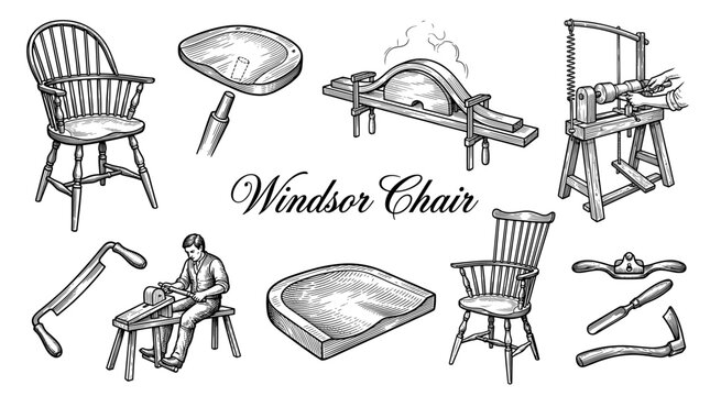 Woodworking Collection: Traditional Windsor Chair Making Process, Antique Tools, and Carpenter Sketch Vector Illustration