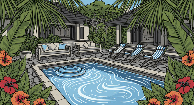 Tropical poolside retreat with lounge chairs, white sofa, and lush foliage