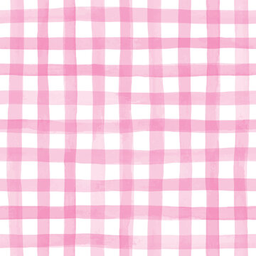 Seamless hand painted pink gingham check pattern with soft watercolor texture. Warm cheerful plaid background ideal for fabric, wallpaper, packaging, stationery, kitchen and summer designs