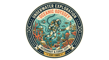 Underwater exploration graphic design astronaut coral city illustration © upeh