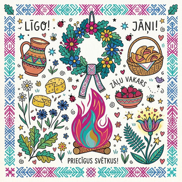 Traditional Latvian Midsummer Ligo and Jani celebration elements set on white background. Colorful folk illustration featuring flower wreath, bonfire, caraway cheese, beer pitcher